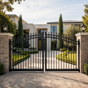 Black Iron Driveway <b>Gate</b> <b>Arched</b> Metal Entrance <b>Gate</b> Villa Fence Outdoor Security <b>Gate</b> Design with Spear Top - Product Image 2