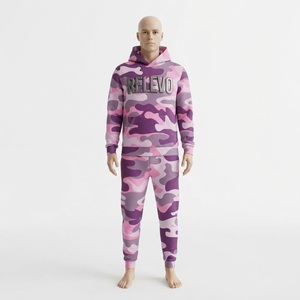Men Purple <b>Camouflage</b> <b>Tracksuit</b> Hooded Full Sleeve Casual Sportswear Set Breathable 100% Polyester - Product Image 1