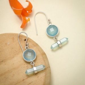 925 Sterling <b>Silver</b> Aqua Chalcedony Gemstone Dangle <b>Earrings</b> with Hexagonal Crystal <b>Drop</b> Handmade <b>Earrings</b> - Product Image 2