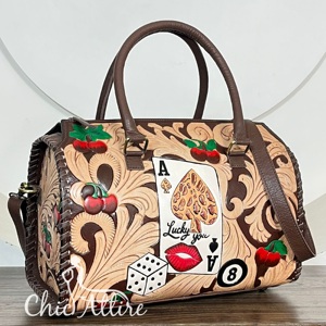 OEM ODM Premium Hand Tooled Genuine Cowhide Leather <b>Large</b> Speedy Bag Luxury <b>Dice</b> & Card Designer Travel Weekender Bag for Unisex - Product Image 1