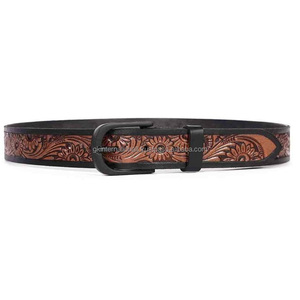 Cinturón de Cuero Occidental de Lujo, Tallado a Mano con Diseño de Hojas de Vaquero, con Hebilla de Latón Negro Resistente, Longitud Personalizada - Product Image 2