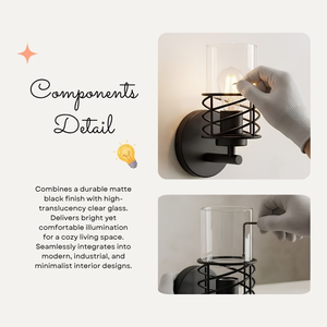 Applique murale industrielle vintage Kestrel noire, luminaire cylindrique en verre avec abat-jour en cage pour entrée et escalier - Product Image 3