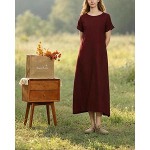 Luxury Burgundy O-Neck Cotton Linen Midi <b>Dress</b> With Short Sleeve Boho Style <b>Loose</b> Fit Summer Casual Daily Wear - Product Image 1
