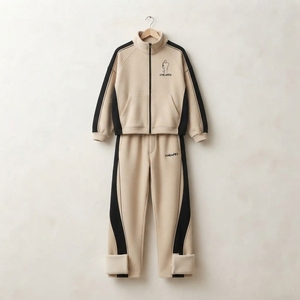 Ensemble de survêtement beige et noir pour femme, veste zippée, pantalon large, motif graphique minimaliste, streetwear décontracté - Product Image 2