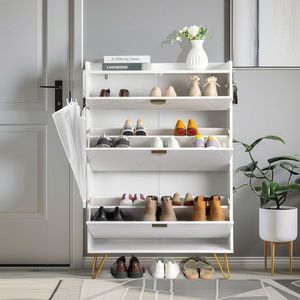 FCH White Particle Board Shoe Cabinet 80*24*120cm V Shaped Carved Door Panel with 2 Top Flip Drawers and Gold Accent - Product Image 2