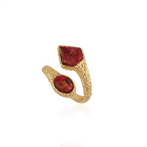 Anillo ajustable de serpiente con apertura frontal, chapado en oro de 18k, con doble gema de rubí Mohave y turquesa cobriza, joyería llamativa. - Product Image 3