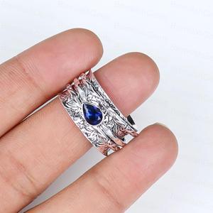 Vintage 925 Sterling <b>Silver</b> Blue Sapphire Spinner for Anxiety Relief Boho Pear Shape Sapphire Meditation Handmade <b>Ring</b> Jewelry - Product Image 5