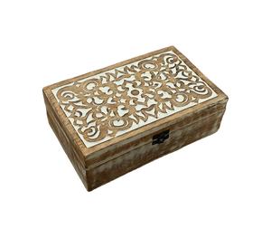 Boîte à bijoux en bois brun artisanale de luxe avec couvercle sculpté blanc symétrique complexe, organisateur de rangement rectangulaire pour ranger - Product Image 1