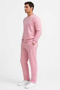 Conjunto de sudadera de cuello redondo y pantalones deportivos de felpa francesa con rayas rosas para hombre - Product Image 3