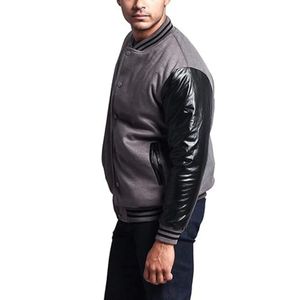 Veste de baseball en laine mélangée, style varsity, avec corps texturé gris et manches noires, uniforme personnalisé pour hommes - Product Image 3