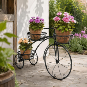 Support à plantes en fer forgé à 3 niveaux, porte-pot de fleurs en forme de tricycle, support décoratif en métal pour plantes d'intérieur et d'extérieur, jardin, patio - Product Image 3