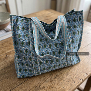 กระเป๋าผ้าฝ้ายพิมพ์ลายบล็อกด้วยมือ ทรงโท้ทขนาดใหญ่ สะพายไหล่ได้  กระเป๋าถือสำหรับผู้หญิง เป็นมิตรกับสิ่งแวดล้อม ใช้ได้ทั้งไปทะเลและใส่ของชำ - Product Image 2