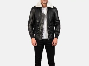 Chaqueta Bomber de Cuero Genuino Negro para Hombre con Forro de Piel, Cierre de Cremallera, Resistente al Viento, Estilo Motociclista, Corte Regular - Product Image 2