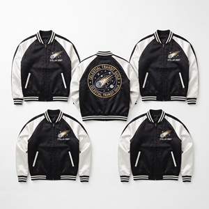 Custom Satin Bomber Jacket Maker Copper Cream Palm Oasis Embroidered Varsity <b>Coat</b> Front Zip Ribbed Trim Supplier - Product Image 5