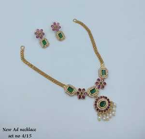 Indian Traditional Gold Plated American Diamond AD Necklace <b>Set</b> Emerald Green Octagon Stone & Ruby Pink Floral Pendant Chain Nec - Product Image 1