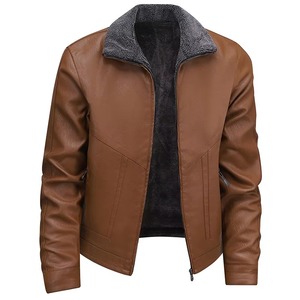 <b>Men's</b> Black PU Leather <b>Jacket</b> Moto Biker Style Turn down Collar Faux Fur Lining Zipper Closure Regular Fit Autumn Wear - Product Image 4