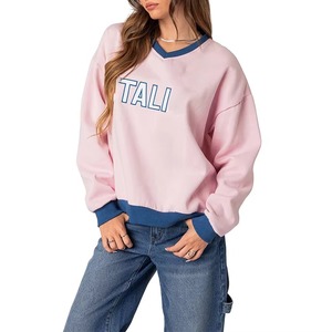 Sudadera Casual de Mujer con Cuello en V, Corte Holgado, Cuello Acanalado, Estampado de Letras y Bordado, Manga Larga, Talla Grande Personalizada - Product Image 4