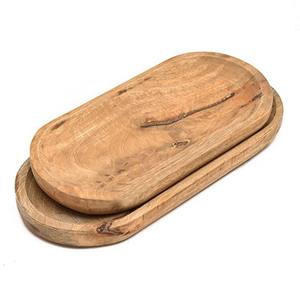 Plateau ovale en bois de manguier fait main, lot de 2, plateaux de service rustiques en bois massif pour la cuisine, le thé, le petit-déjeuner, la table à manger, le café et les collations - Product Image 2