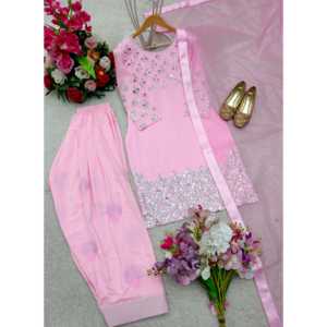 Hermoso conjunto de Parte superior inferior y Dupatta para mujer con trabajo de secuencia de bordado pesado - Product Image 4