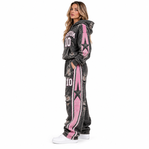 Ensemble jogging et sweat à capuche oversize personnalisé effet délavé pour femme, noir et rose, motif étoile, survêtement déchiré deux pièces, tenue streetwear - Product Image 3