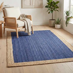 Tapis rectangulaire en jute bleu marine tressé avec bordure naturelle, écologique et durable, avec dos antidérapant pour une utilisation moderne à la maison et au bureau - Product Image 1