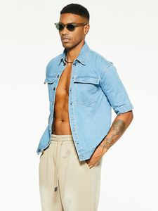 Camisa de mezclilla azul claro para hombre 2026, manga corta, corte regular, cuello vuelto, botones frontales, lavado a la piedra, estilo casual de verano - Product Image 5