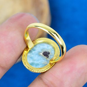 Natural Larimar Shape Oval Cab Gemstone 18k Gold Plated Bezel Handmade Birthstone <b>Ring</b> For Women - Product Image 2