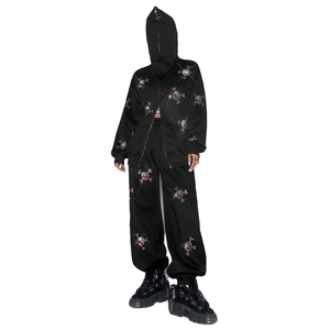 Conjunto Deportivo de Invierno Unisex 100% Algodón Negro con Pedrería, Sudadera con Cremallera y Pantalones, Ropa Urbana con Adornos, Conjunto Casual de 2 Piezas, Moda Y2K - Product Image 1