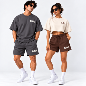 Conjuntos de camiseta y pantalones cortos personalizados para parejas, camiseta oversize color crema para hombre, pantalones cortos, camiseta corta color rosa marino para mujer, pantalones cortos deportivos, conjunto deportivo estilo streetwear. - Product Image 2