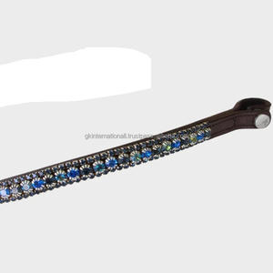 Luxury Trendy Equestrian 8 mm Black and Blue Shinning Diamond Crystals Leather Horse brow <b>band</b> with <b>snap</b> button loop end - Product Image 1