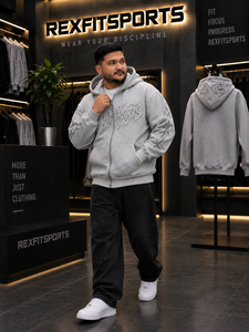 REXFITSPORTS 2026 – Sweat à capuche zippé gris clair pour homme, style streetwear, avec broderie personnalisée et motif étoile sur la manche, en polaire - Product Image 6