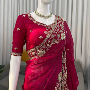 Designer Fendy Saree Heavy Beads Embroidery <b>Red</b> Summer/Winter Wedding Party Wear Quick Dry Unstitched Blouse Women - Product Image 1