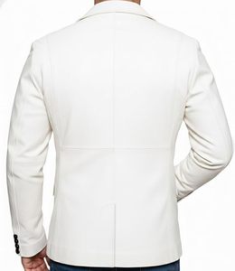 <b>Men's</b> <b>White</b> Slim Fit Winter High Street Cowhide Leather <b>Blazer</b> Turn-down Collar Smart Casual Jacket Regular Length Zipper - Product Image 4