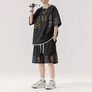 Ensemble décontracté homme 2026 : T-shirt respirant anti-plis à manches courtes col en V et short ample en polyester/coton - Product Image 1