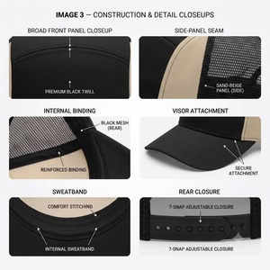 Unisex 6-Panel Trucker <b>Hat</b> Black With Beige Contrast Mesh Back Adjustable Strap Casual Spring Summer <b>Cap</b> - Product Image 6