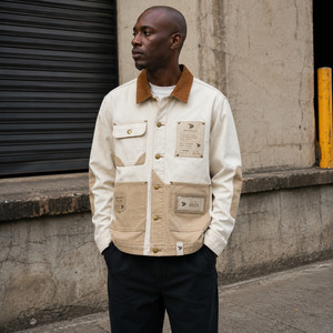 Heavyweight Ecru <b>Chore</b> <b>Jackets</b> For Unisex Tough Workwear Canvas Reinforced Corduroy Collar Factory - Product Image 4