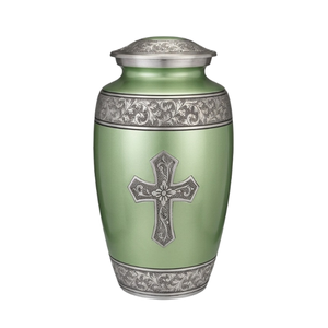 Urne funéraire en métal pour adulte avec une belle gravure en forme de croix, finition argentée et violette, en aluminium, pour cendres humaines. - Product Image 2