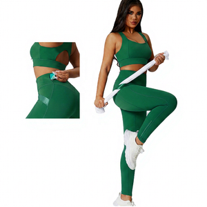 Ensemble de yoga bleu 2 pièces : Leggings taille haute avec poches et haut dos nageur respirant pour le fitness - Product Image 4