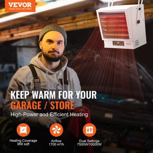 Riscaldatore Elettrico Digitale da Garage da 10000 Watt con Ventilatore, Montaggio a Parete/Soffitto, Telecomando e Protezione dal Surriscaldamento per Uso in Officina - Product Image 2