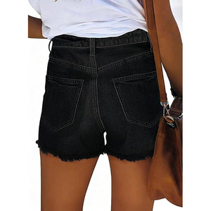 Pantalones cortos de mezclilla de cintura alta rasgados con dobladillo deshilachado, lavado azul claro, estilo casual desgastado, cierre de botones, en tendencia - Product Image 5