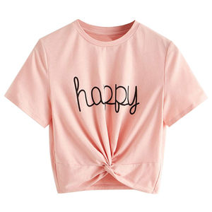 เสื้อยืดครอปสีชมพูสำหรับผู้หญิง แขนสั้น คอกลม พิมพ์ลายแฮปปี้ ลำลอง ทรงหลวม ผ้าเจอร์ซีย์คอตตอน เสื้อท่อนบนสำหรับฤดูใบไม้ผลิและฤดูร้อน - Product Image 1