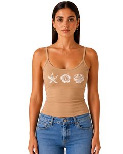Beige Women Spaghetti Strap <b>Crop</b> Tank <b>Top</b> Sleeveless Slim Fit Summer Casual Printed Camisole Fashion Soft Stretch Streetwear - Product Image 1