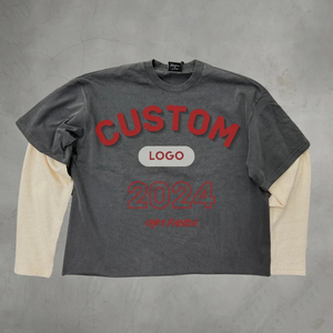 Fabricante de Ropa Urbana Personalizada, Camiseta Corta Vintage con Cuello Redondo, Impresión en Serigrafía, Camiseta de Manga Larga de Doble Capa - Product Image 1