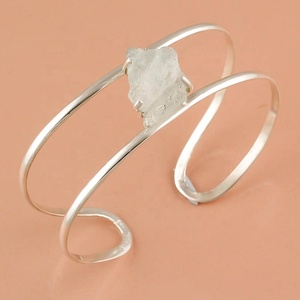 925 Sterling Silver Cuff Bracelet <b>Bangle</b> With Natural Pink Rose Quartz Crystal Stone Statement Women's Jewelry Everyday Wear - Product Image 5