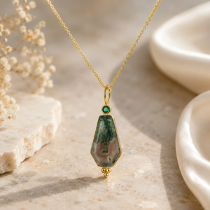 Collar de ágata musgosa con detalles de esmeralda y circonita cúbica, chapado en oro de 18k, joyería moderna y única con forma de ataúd, joyería de moda para mujer. - Product Image 5