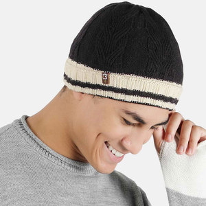 Unisex Knit Beanie <b>Hat</b> Black Cream Striped Cuff Hand Knitted Winter Outdoor Casual Adult 56-58CM - Product Image 6