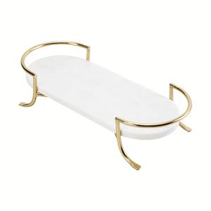 Plateau de vanité carré moderne en métal blanc avec support en métal doré et poignées incurvées pour salle de bain et présentoir de parfums de bureau - Product Image 2