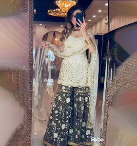Ensemble Sharara vert en Faux Georgette avec sequins Zardosi brodés et imprimé numérique, avec Dupatta, pour femme, idéal pour mariages indiens d'hiver, fêtes et festivals - Product Image 1