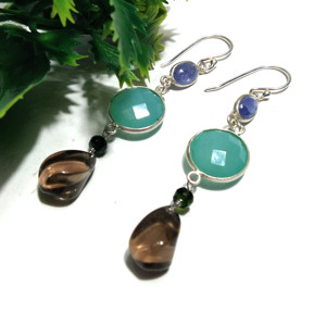 Pendientes Colgantes Ovalados de Piedra Natural Calcedonia Acuática, Cuarzo Ahumado y Tanzanita, Plata de Ley 925, Hechos a Mano, Unisex, Venta al Por Mayor - Product Image 2