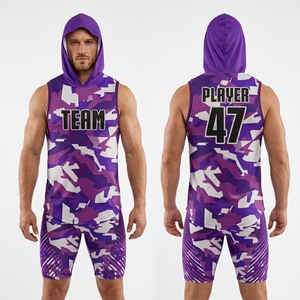 Ensemble de maillot de basket-ball camouflage violet personnalisé, à capuche, sans manches, respirant, coupe athlétique, pour hommes, équipe 47, impression sublimée - Product Image 1